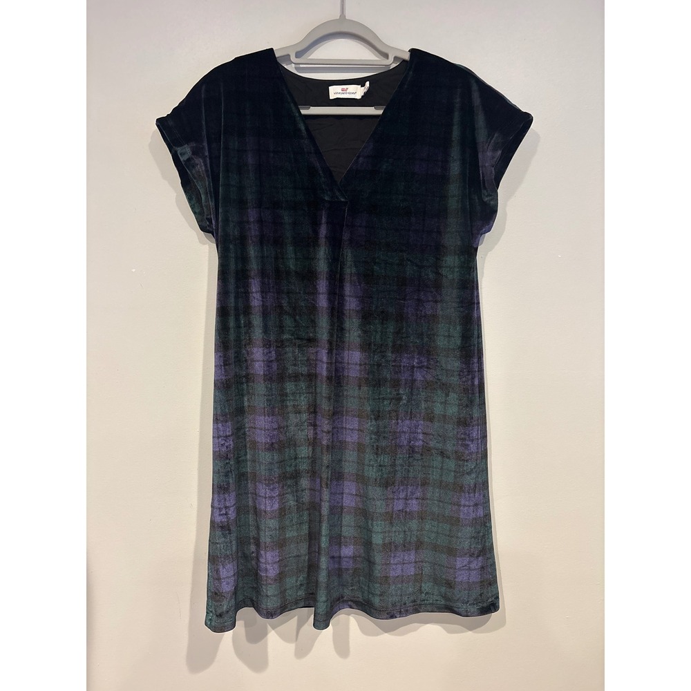 Vineyard Vines Short Sleeved V Neck Velour Purple Black Dress